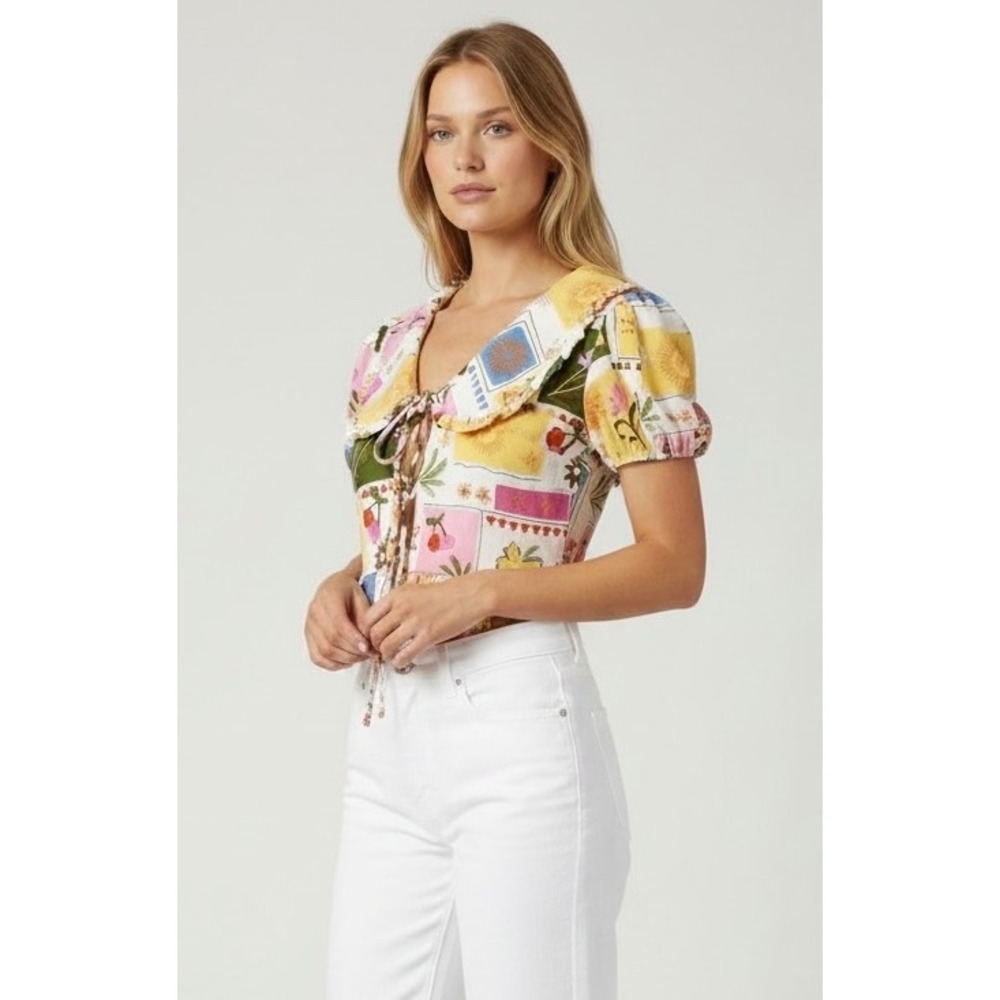 Monteau Cherry & Lemon Peplum Top XS Multi Color Tie Front Puff Sleeve